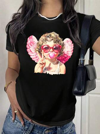 Black Crew Neck T-Shirt, Fun Cupid Bubblegum Print T-Shirt, Casual Short-Sleeved Top