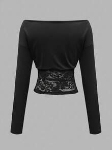 女士优雅不对称露肩蝙蝠袖短款蕾丝修身T恤，轻盈透气，适合春夏穿着 - 黑色 - 查看 4