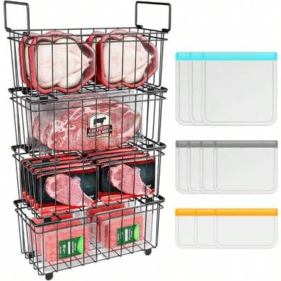 4 Pack Chest Freezer Organiser With Freezer Bags Freezer Organizer Bins With Foldable Handle Stackable Metal Deep Freezer Baskets Sort Frozen Meats And Food With Better Space Utilization