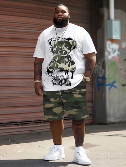 Plus Size Street Fashion Men's Summer Set, Plus Size Loose Fit Short Sleeve T-Shirt (Camo Bear Graffiti) + Camo Shorts, Casual Outfit For Big & Tall