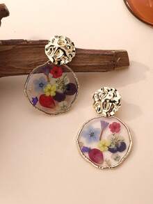 1 Pair Naturalistic Resin Dried Flower Decor Exaggerated Round Pendant Earrings, Versatile For Daily Wear, Vacation, And Gift, Natural Dried Flowers May Have Slight Differences From Pictures - Multicolor - View 5