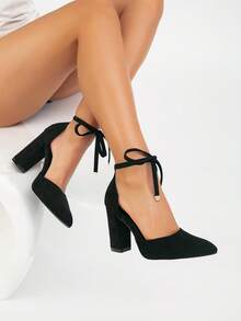 女士新款优雅百搭绒面革系带粗跟尖头高跟鞋 - 黑色 - 查看 4