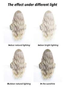 24英寸长灰色挑染波浪假发，女士黑色卷发假发，带空气刘海，水波纹假发，耐热合成纤维假发，适合日常派对使用 - 挑染灰色 - 查看 8