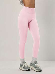 PinkTip 1pc Women's Solid Color Elastic Cycling Sports Leggings, Waist Cinching, Slimming, Comfortable, Suitable For Outdoor, Hiking, Yoga, Fitness, Running Pink Spring - Hồng - Xem 4
