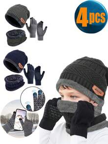 4 件套儿童冬季帽子、围巾和手套套装，适合 3-12 岁儿童的针织帽和围巾 - 彩色 - 查看 1