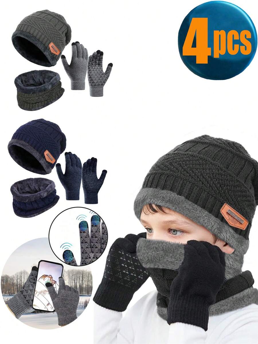 4 件套儿童冬季帽子、围巾和手套套装，适合 3-12 岁儿童的针织帽和围巾 - 彩色 - 查看 1