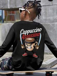 1pc Boys' Casual Cool Graphic Print Crew Neck Long Sleeve T-Shirt, Loose Fit Youth Streetwear Top, Autumn/Spring - Black - View 6
