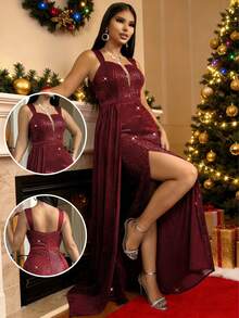 CHOSMO New Summer Sequins Black Long Women's Dresses High Waist Slim Wedding Women's Dresses Elegant Gorgeous Prom Dresses Split Patchwork Women's Dresses