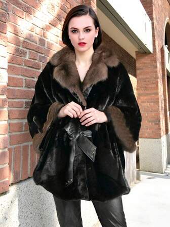 女士奢华仿皮草大衣，撞色翻领，腰部系带，长袖，常规长度，适合圣诞节、新年和感恩节穿着，女士冬季外套