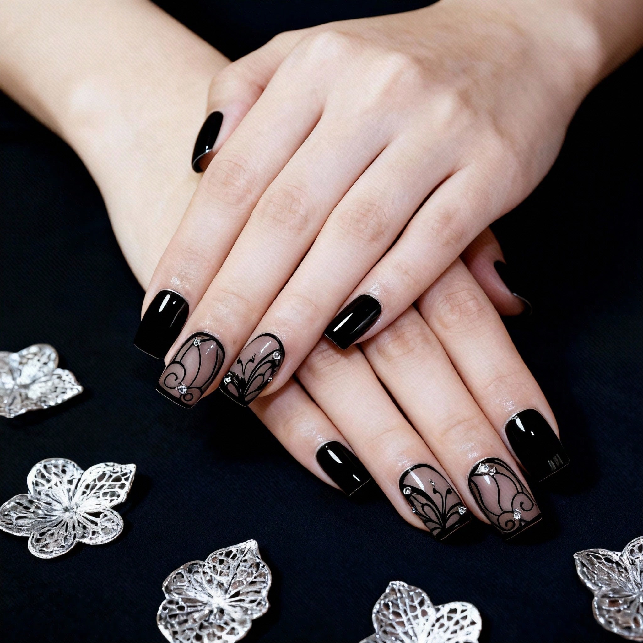 24pcs Short Black Square Press On Nails With Classic French Style Full Cover Design To Enhance Your Look, Fake Nails Black Vine Acrylic Glue On Nails Full Cover Glossy Nails Press Ons Short Stick On N 