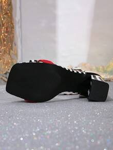 Giày sandal hở mũi quai nơ đỏ cho nữ, mẫu thời trang mới xuân/hè 2026, giày cao gót mũi vuông, gót dày, cỡ lớn, dễ phối đồ với váy. - Nhiều màu - Xem 7