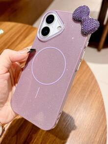 1 pieza Funda magnética para teléfono con lazo de strass, compatible con iPhone 16/15/14/13/12/11, 17, cubierta protectora brillante con anillo delgado Magsafe para 14 Pro Max - Púrpura malva - Ver 3