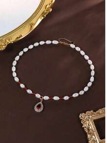 DARA 5-6毫米淡水养殖珍珠和红玛瑙项链，时尚百搭，女士必备 - 白色 - 查看 3