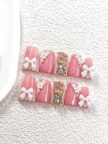 10Pcs Valentine's Day Pink Nail Set,Hand-Drawn French Manicure Press-On Nails,Mid-Length Almond Nail Art Stickers,Square Nails,Duckbill Nails,3D Cute Metal Bear Fake Nails, Alloy Heart, Bow,Pink And White Five-Petaled Flowers Decor Nails,Pink Nails,Includes Tool Kit(1 Sheets Jelly Stickers+1PC Nail File), Suitable For Women & Girls, Daily Photograph,Party,Valentine's Day,Anniversary, Wedding Wear Supplies Nails - 彩色 - 查看 2