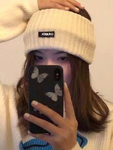 1pc Women Black Wide Brim Knitted Hat, Warm Ear Muff Beanie, Fashionable Korean Style, Autumn/Winter / 2pcs Retro Dotted Headband For Women - Vintage Style Red & White Polka Dot Headband