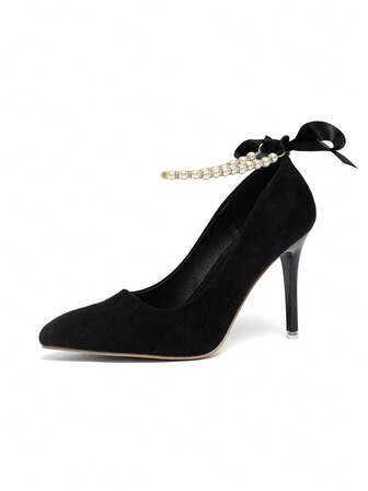 Dam Nya Eleganta Sexiga Dejt Bröllopsfest Pärla Enrem Rosett Enfärgad Spetsig Tå Stilettklackar