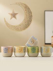 1/4 Pcs Islamic Style Ceramic Mug, Moon & Star Pattern, 230ml/7.78oz, Red, Suitable For Daily Home Use, Can Hold Tea/Coffee/Espresso, Ramadan/Eid Al-Fitr Tableware Gift - Multicolor - View 3