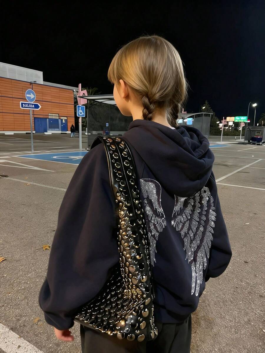 1pc Tween Girls Casual Printed Pullover Sweatshirt, Thermal Lined, Long Sleeve, Autumn/Winter Student Youth Clothing - Black - View 1