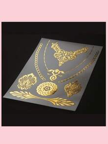 1张/4张中东金箔临时纹身贴纸，开斋节海娜纹身贴纸，海娜纹身贴纸，金箔纹身贴纸 - 金色 - 查看 6