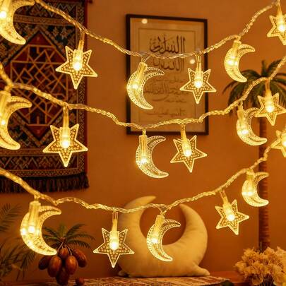 LED Star & Moon String Lights, Battery Powered, Ramadan Eid Festival Atmosphere Lights, Home Birthday Party Decor For Bedroom, Living Room