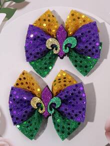 2pcs Mardi Gras Sequins Hair Bows For Girls ,Glitter Fleur-De-Lis Hair Clips ,Sparkly Purple/Green/Gold Barrettes ,Alligator Clips ,Festival Party Hair Accessories For Girls Teens - Multicolor - View 9