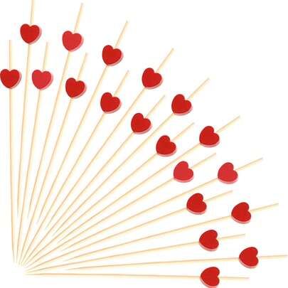 100/200pcs Red Heart Cocktail Picks, 4.7 Inch Long, Fruit Picks, Food Toothpicks, Sandwich Appetizer Skewers, Charcuterie Skewers, Handmade Bamboo & Wood, Suitable For Birthday, Wedding, Valentine''s Day Party Decorations