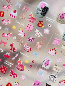 1pc Cute Cartoon Pony Bear Red Flower Firework Bow Lucky Bag Cake Press-On Nail Stickers 5D Nail Art Celebration Festive Whimsical Self Adhesive Nails For Women's Joyful DIY Manicure Decals - Multicolor - View 2