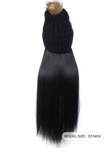 长直合成纤维假发，帽子接发，长款金黑色帽子假发，带弹力针织帽，22英寸合成纤维接发，适合女性和女孩，秋冬季基本保暖滑雪帽 - 彩色 - 查看 4