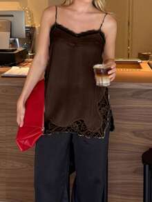 Women Y2k Lace Patchwork Satin Camisole Tops Chiffon Split Sleeveless Spaghetti Strap Tank Tops Flowy Silky Layering Tops Going Out Dress Shirt Camisoles Streetwear Aesthetic Clothes - 棕色 - 查看 4