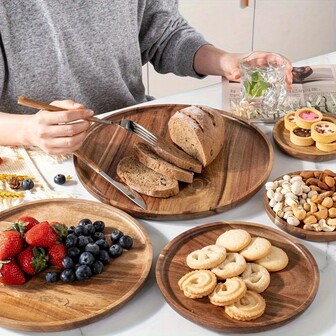 Bandeja de madera, bandeja de madera redonda, plato de frutas de madera, plato multiusos para aperitivos, plato decorativo para frutas, plato para alimentos lavable, plato para bistec, pollo, taza de café, plato para taza de té, plato para pastel, plato de queso para el hogar, plato creativo para pan, decoración de habitación, decoración de cocina, bandeja de almacenamiento para decoración navideña