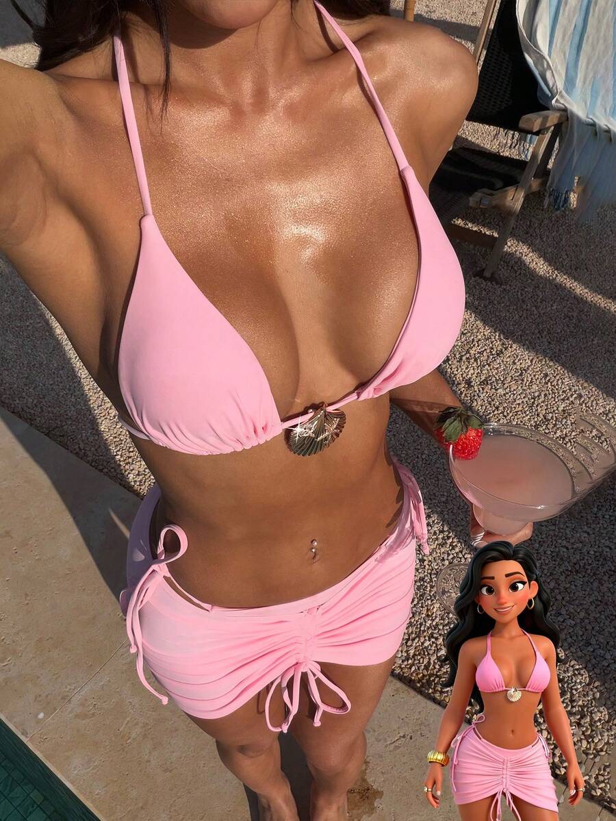 三件套女士泳衣，优雅性感比基尼，海洋贝壳、鱼和海龟图案装饰泳装，复古泳裙沙滩装，适合女士派对、圣诞节、情人节和假期穿着