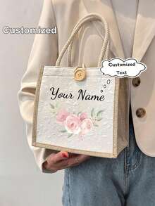 Customizable Name And Floral Print Linen Tote Bag - Khaki Large Size. Photos, Letters, Names, Logos, And Diy Patterns Can Be Printed On It. This Large-Capacity, Casual, Simple, And Lightweight Shopping/Storage Bag Is Suitable As A Gift For Female Friends, A Teacher'S Day Gift, A Wedding Favor, And Also For Travel, School, Work, Commuting, And Other Occasions. - Multicolor - View 4