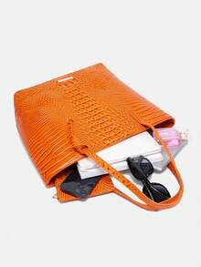 Women's Shoulder Bag European And American Style Crocodile Print Tote Bag Blue Large Capacity Commuter Tote Bag With Coin Purse Blue Crocodile Leather Tote Bag Large-Capacity Mother-In-Law Bag Fashionable And Versatile Handbag - 橘色 - 查看 6