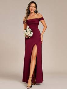 EVERPRETTY Elegant & Charming High Slit Waist Ruched Off Shoulder Formal Evening Dress, Suitable For Balls, Galas, Graduation Parties And Other Formal Occasions Spring Wedding Party - Burgundy - View 6