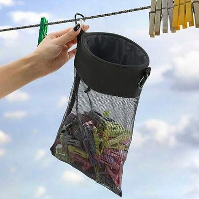 Mesh Hanging Storage Bag, Mesh Clip Bag, Clip Bag With Hook, Drawstring Closure, Wide Mouth Clip Bag, Drawstring, Clothespin, Wooden Clothespin, Canvas Hanging Storage Bag, Suitable For Bathroom, Laundry Room, Dormitory And Other Occasions, Home Storage Supplies