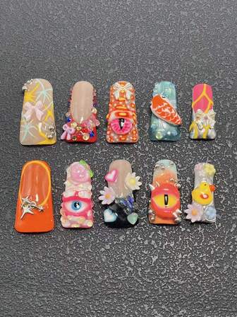 10 stycken handgjorda nagelpräglingar, 33 mm, näbbformade naglar, fransk gradient, handmålade 3D-rosa rosett och liten blomma, 3D-snideriteknik, flerfärgad dekoration, mångsidig, lämplig för kvinnor att bära, finns i tre storlekar, lämpliga för olika tillfällen, fester, danser och dagliga aktiviteter