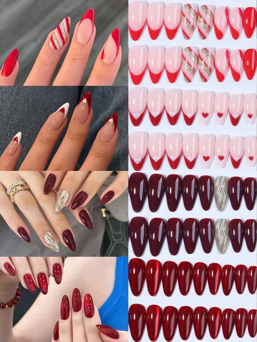 98片/盒（4盒混装）Y2K长杏仁亮面美学血红色水晶猫眼法式美甲贴片，杏仁形美甲心形图案设计，完美贴合亚克力假指甲套装，包含1片果冻胶和1个指甲锉，红色美甲适合女性和女孩日常佩戴，也可用于锐舞派对等场合。 - 紅色 - 查看 1