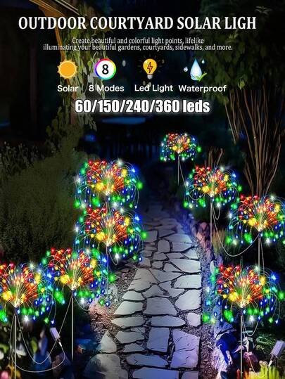 4 đèn LED năng lượng mặt trời 320/240 cho sân vườn, đèn pháo hoa năng lượng mặt trời, đèn hoa sân vườn năng lượng mặt trời hình ngôi sao, đèn dây năng lượng mặt trời ngoài trời chống nước, 8 chế độ chiếu sáng nhấp nháy cho sân vườn, đám cưới, tiệc tùng, sân trong, đèn trang trí cắm trại ngoài trời 1 đèn 60LED/150LED/240LED/360LED (Nhiều màu/Trắng ấm/Trắng)