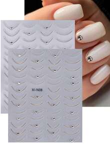 3D Golden Silvery Line Nail Stickers 1pc Self Adhesive French Tips Curve Stripe Lines Nail Art Decals With Sparkling Crystal Rhinestones DIY Manicure Decor Nail Supplies - 銀色 - 查看 6