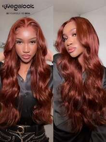 MEGALOOK 13x4 红棕色水波纹蕾丝前假发，100%真人发丝，预先拔毛并带有婴儿绒毛，#33棕色假发，透气帽 - 外观自然，适合日常佩戴，可打造办公室、万圣节派对、Y2K、叛逆假期、户外角色扮演、学校、圣诞派对、婚礼、节日等各种造型，适合女性佩戴。 - S33 - 查看 2