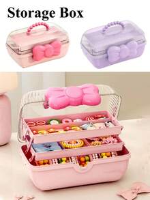 1 pieza Organizador de accesorios para el cabello: Caja de almacenamiento de 3 niveles con divisores, cierre con forma de lazo y asa de transporte | Gran capacidad | Almacenamiento duradero rosa o morado para horquillas, tarjetas de goma, pegatinas y manualidades | Regalo perfecto para niñas.