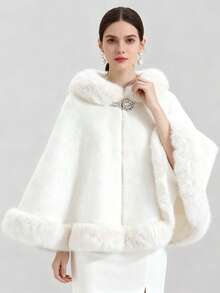 1件秋冬新款新娘婚纱仿毛领披肩斗篷白色超大针织开衫宽松斗篷外套，保暖防风 - A - 查看 6
