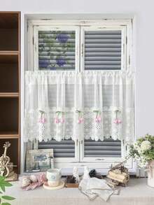 1 pieza Cortinas cortas decoradas con tulipanes rosas de estilo coreano lindo para ventanas pequeñas, cortinas para cocina de apartamento, cortinas para ventana de dormitorio, sin necesidad de barras de tensión con taladro - Blanco - Ver 3