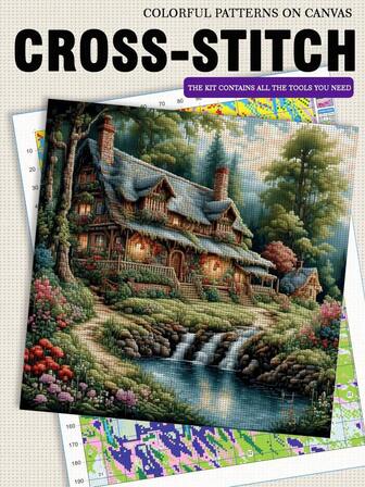 1 幅无框十字绣图案（40 * 40 厘米/15.7 * 15.7 英寸），森林中的木屋，11CT/14CT 印花十字绣 DIY 套装，适合成人和初学者轻松 DIY 十字绣，是卧室和客厅墙面装饰的完美之选。套装包含印花画布、绣针、绣线、图案和说明书。