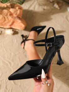 Zapatos de tacón alto para mujer con correa ajustable, tacones de aguja elegantes de 9 cm de material PU con diseño de media cobertura, tacones altos negros sexys y versátiles para uso diario, fiestas, citas y ocasiones formales - Negro - Ver 1