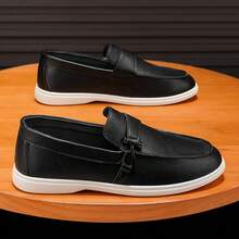 Preppy Office Men's Black Leather Slip-On Loafers, Soft Sole Comfortable Casual Shoes, Versatile Commuter Slouchy Shoes