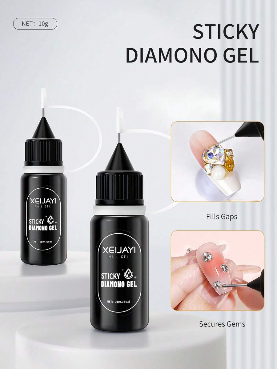 XEIJAYI 2pcs 10g STICKY DIAMOND Gel For Nails - Fills Gaps, Secures Rhinestones & Nail Art, Strong Adhesive For Professional Salon Or DIY Home Manicure, Long-Lasting, Easy To Apply, No Wipe Top Coat - 無色 - 查看 1