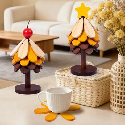 Alfombrilla aislante para árbol de Navidad, decoración de mesa de comedor de alta gama, idea creativa de un posavasos de madera maciza resistente al calor con forma de árbol, posavasos plegables, posavasos para tazón, antideslizante para escritorio para uso doméstico, decoración de posavasos con forma de árbol, maceta de árbol de Navidad de arcilla, plegable para alimentos, decoración navideña resistente a altas temperaturas, posavasos de taza de té de alta gama, alfombrilla aislante para árbol de Navidad, decoración creativa antideslizante de escritorio para vacaciones, fácil de almacenar, regalos navideños de estilo de color aleatorio