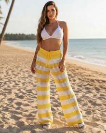 Beach Cover-Up Pants, Drawstring, Striped, Crochet, Blogger Style, Luxury Knitwear, Elegant, Women's Fashion, Summer, Casual, Beach Vacation - Lạc đà - Xem 7