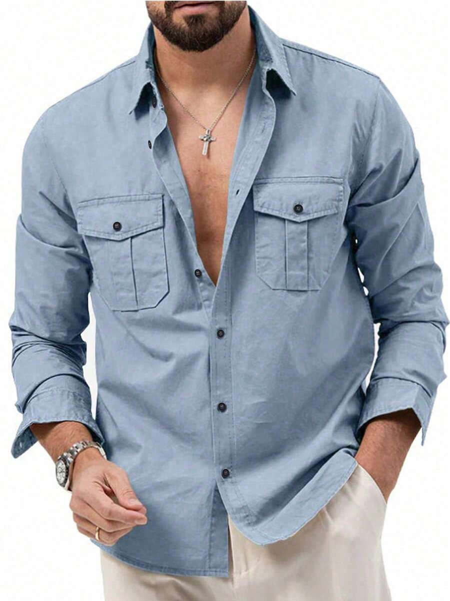 Men's New Autumn/Winter Elastic Casual Business Long Sleeve Shirt, European Size - Dusty Blue - View 1